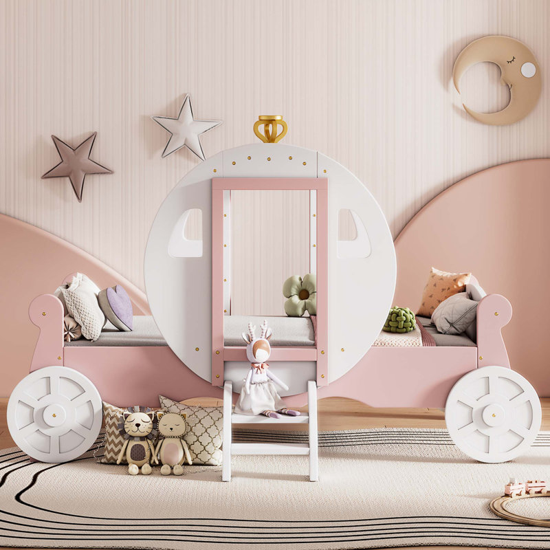Lit voiture simple avec couronne et lit plateforme en bois avec escalier, Blanc et rose