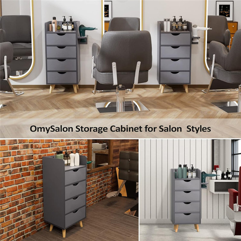Gray MDF Bathroom Storage Cabinet with 4 Drawers and Dryer Holders