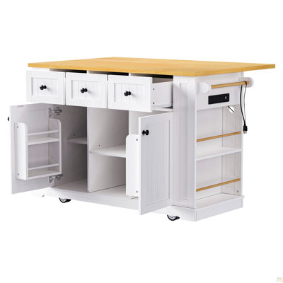 Large Kitchen Island with 2 Bar Stools, Power Outlet,Door Internal Storage Rack, Kitchen Storage Cart on 5 Wheels with Drop Leaf, 5 Open Side Racks, 3