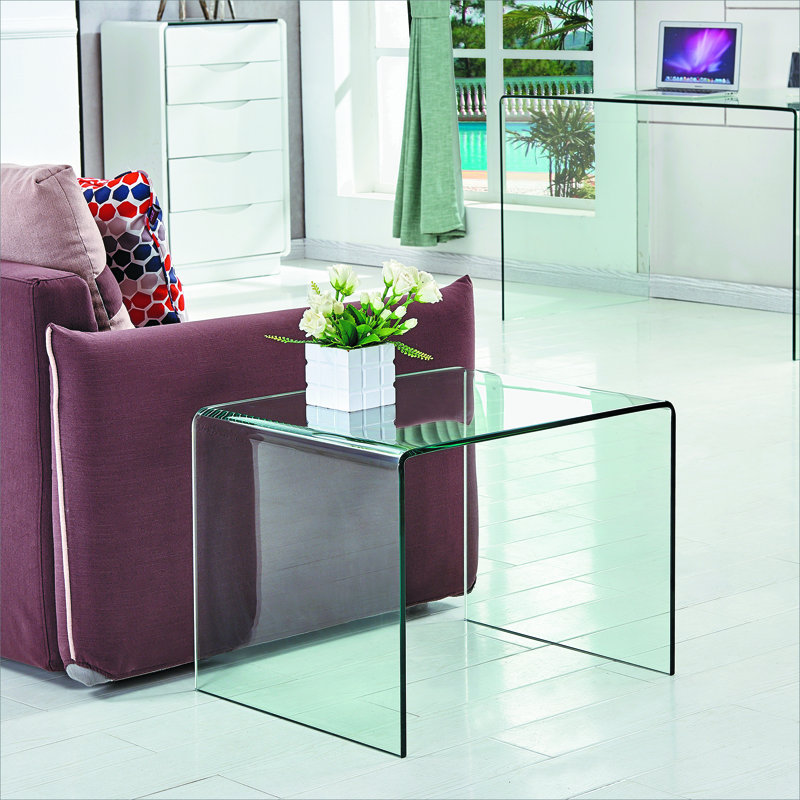 Transparent End Table,Tempered Clear Bent Glass SideTable