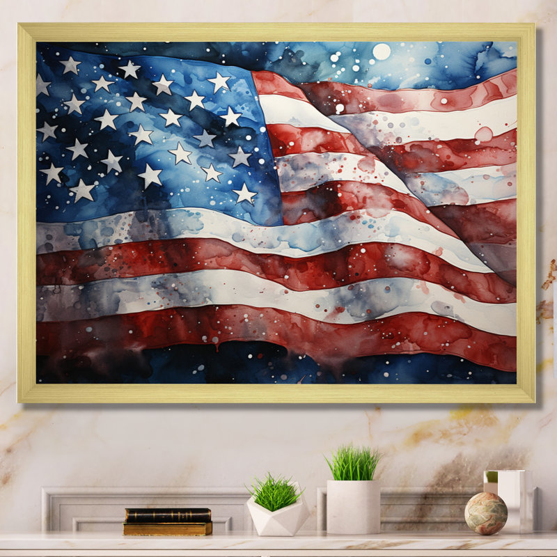 Drapeau américain drapeau III - drapeau États-Unis, art mural pour le salon, Cadre doré simple, H 34 po x l 44 po x P 1,5 po
