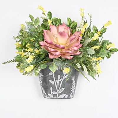 Artificial Farmhouse Spring Summer Floral Arrangement With Metal Bucket, Blossoms Cluster Berry Foliage Leaves Sprays Faux Flower For Dining Table Centerpieces, Home Office Wedding Party Decor