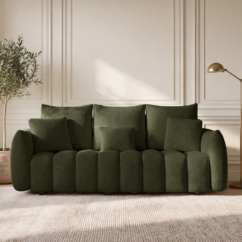  81" Teddy Fleece Upholstered Sofa with 3 Matching Pillows, Green
