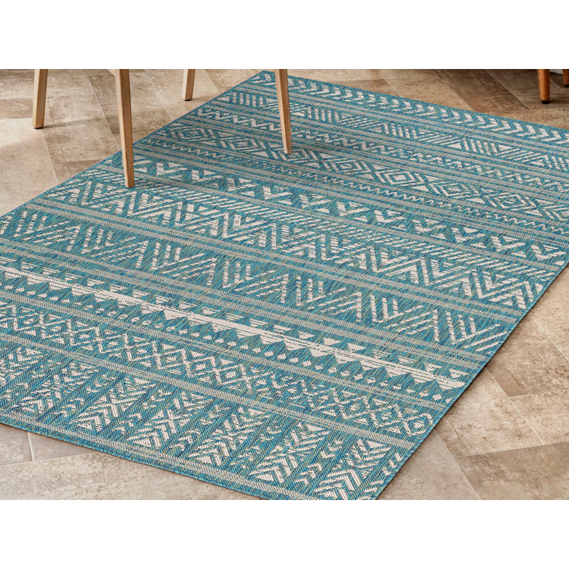 Tapis bleu sarcelle / crème intérieur / extérieur Ilayna, Rond 5 pi 3 po