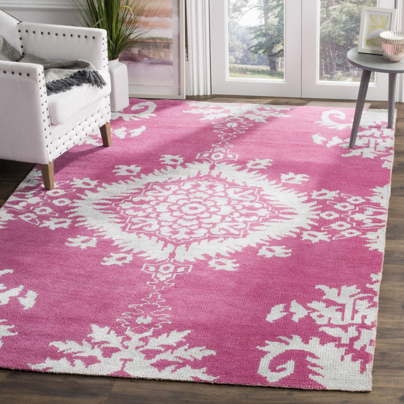 Tapis ikat en laine / viscose / coton noué à la main Stone Stone rose / blanc, Rectangle 5 pi x 8 pi
