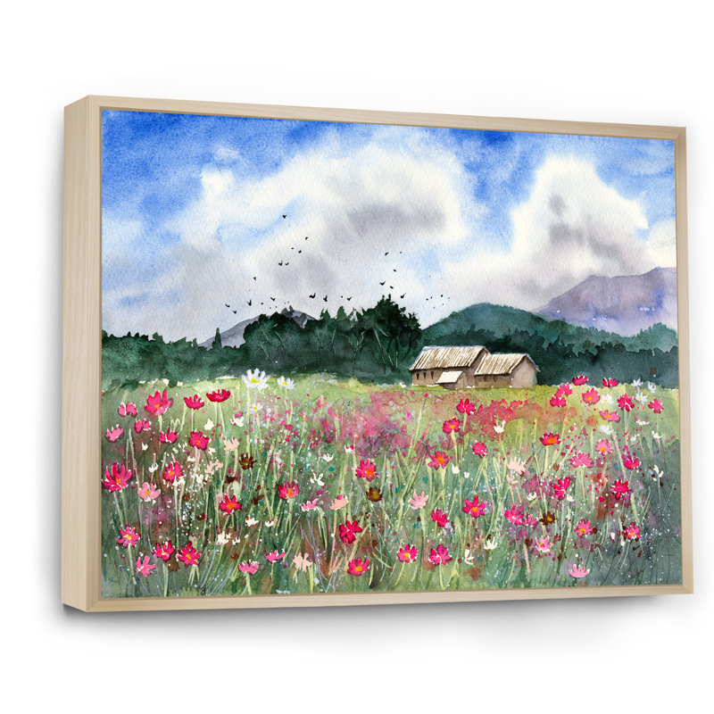 Paysage avec un champ de fleurs blanches et roses - Peinture sur toile, H 12 po x l 20 po x P 1 po, Cadre flottant en érable