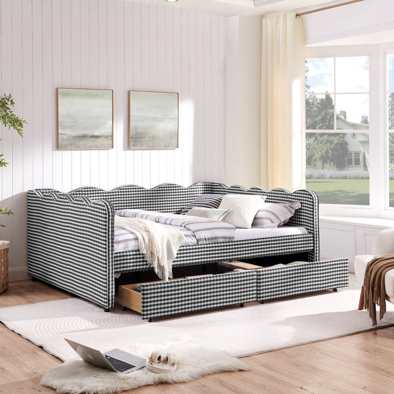 Queen Size Cozy Gingham Daybed With Two Storage Drawers, With USB Port And Adorable Wave Shaped, Linen Fabric, Black, Queen