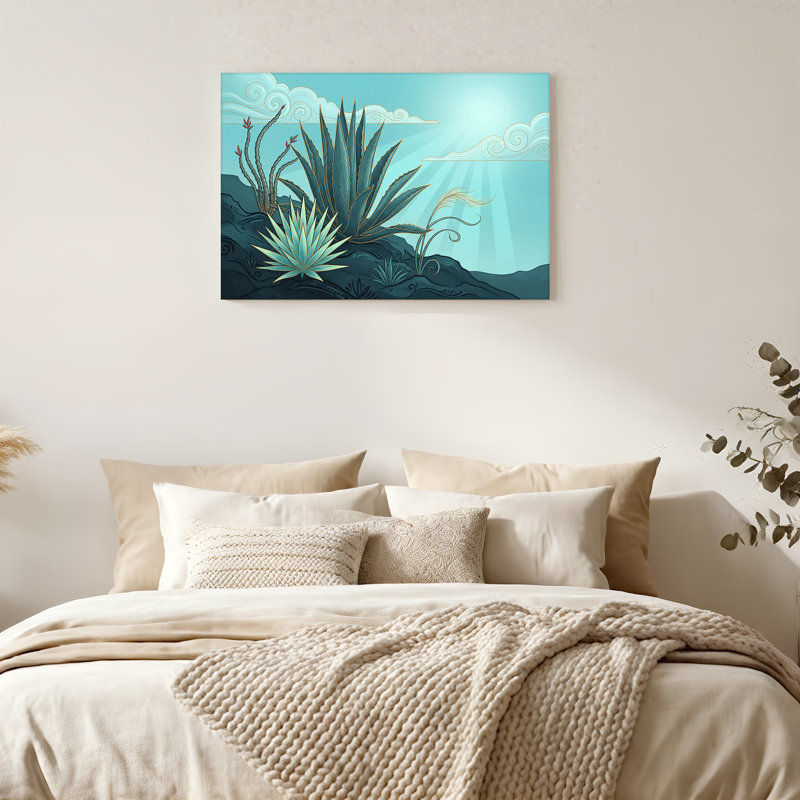 Agave bleue et plantes grasses avec contours dorés et art mural sur toile, 20"H x 30"W