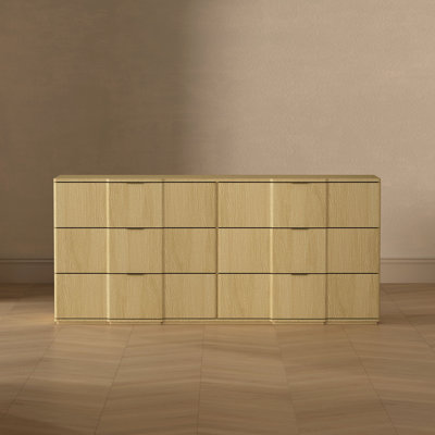 Commode double 6 tiroirs Clive Mid-Century moderne en chêne naturel et doré