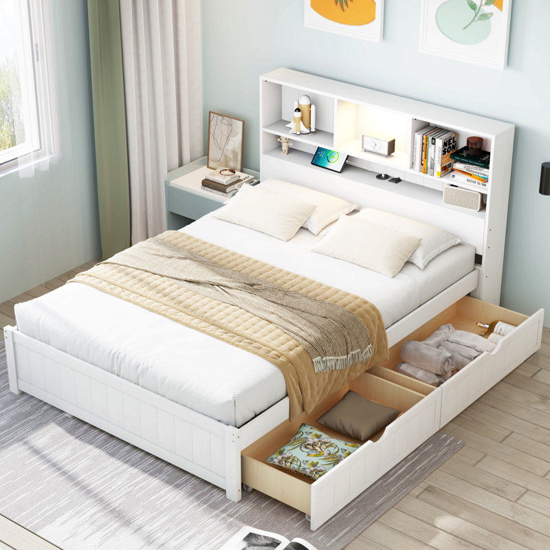 Wood Platform Bed With Bookcase Headboard, Twin, Espresso