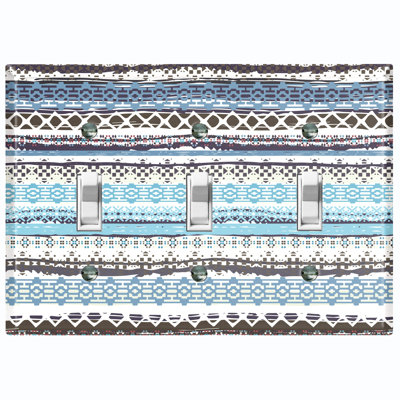 Metal Light Switch Plate Outlet Cover (Ethnic Aztec Tribal Blue White Stripes - Single Toggle)