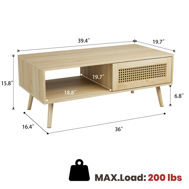Mid Century Modern Coffee Table with Storage, 41.3 Inch Rectangle Wooden Accent Center Tables with Sliding PE Rattan Woven Door Panel and  Wood Legs, Suitable for Living Room, Apartment