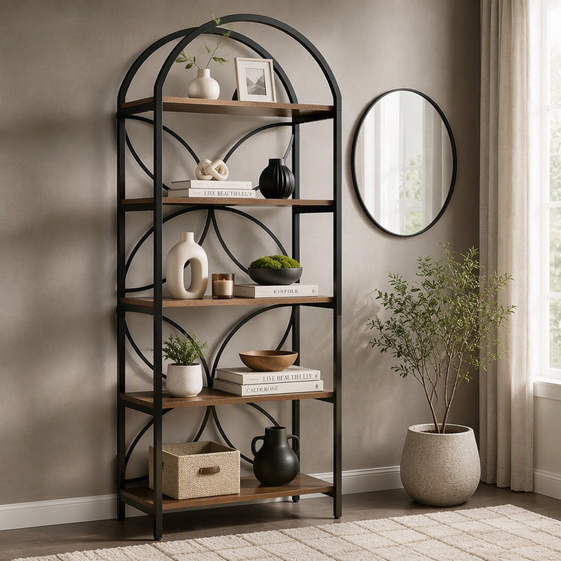5-Tier Bookshelf, 75" Tall Arched Bookcase Display Rack