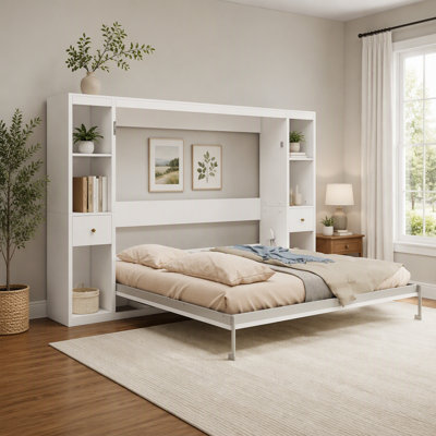 Queen Size Horizontal Murphy Bed Cabinet,Folding Bed with Two Cabinets for Living Room, Space Saving Design,