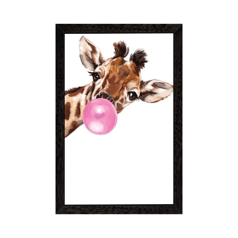 Sneaky Giraffe Blowing Bubble Gum by Big Nose Work - Print on Canvas, 152.5 cm H x 101.5 cm W, Black Framed