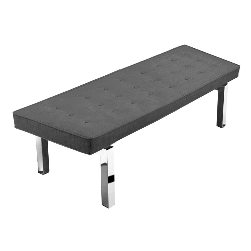 Banc de chambre Lina capitonné – Tissu anthracite avec assise capitonnée et pieds en acier argenté, Gris anthracite