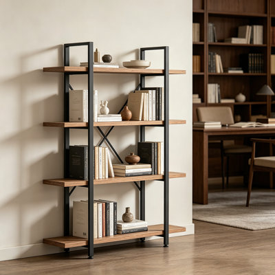 Bibliothèque à 4 niveaux, présentoir industriel en bois et bibliothèque avec cadre en métal pour bureau à domicile