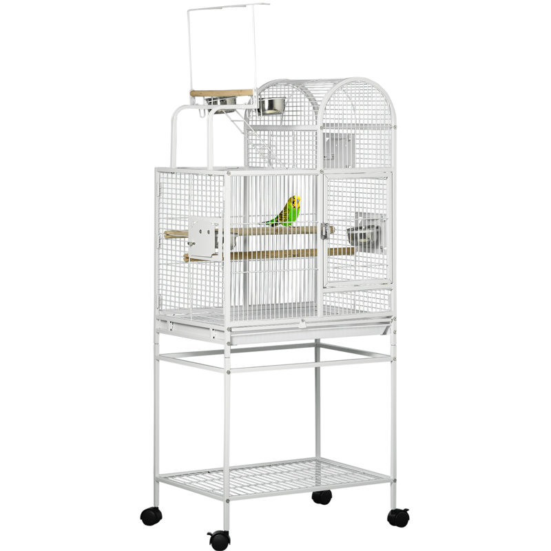 Grande cage à perroquet de 55 po, acier blanc, crochets adhérents, perchoirs, gobelets, support à oiseaux