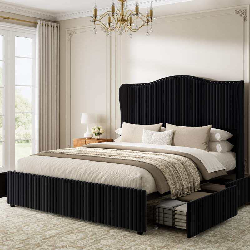 Upholstered Wingback Bed with 4 Storage Drawers & 54" Tall Headboard, No Spring Box Needed, Easy Assembly, Black, Queen