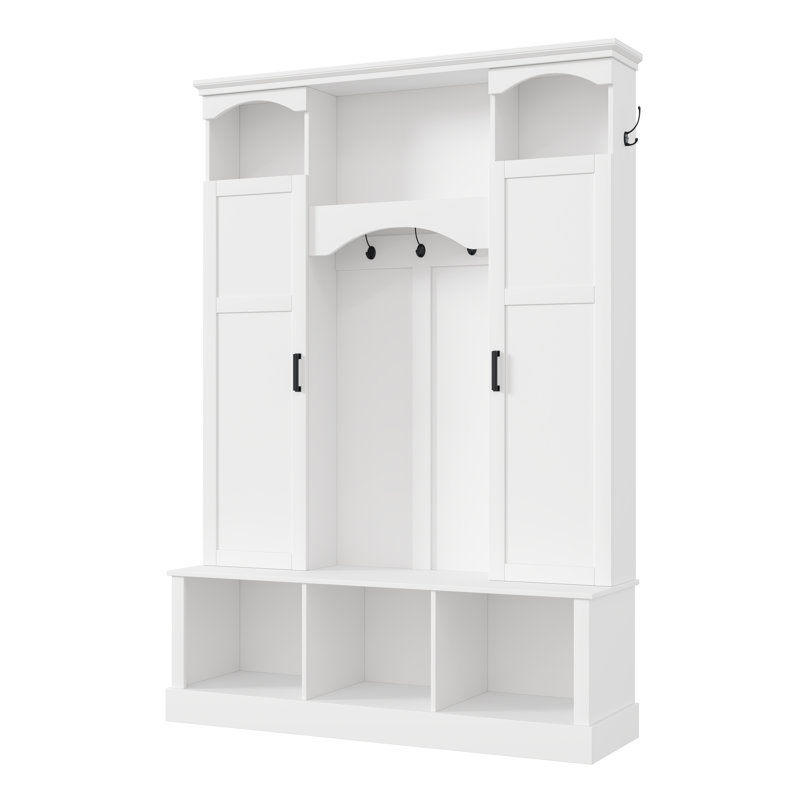Pollen Modern Farmhouse Hall Tree with Storage Bench, Adjustable Shelves & 7 Hooks, White