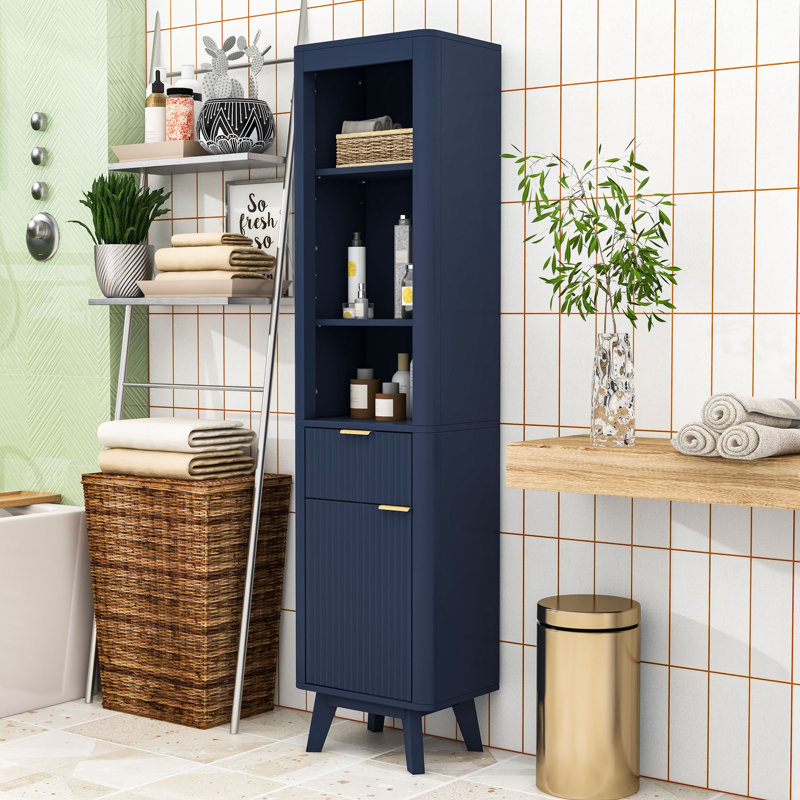 Grande armoire de rangement autoportante pour salle de bain avec tablettes réglables, conception anti-basculement et tiroir cannelé