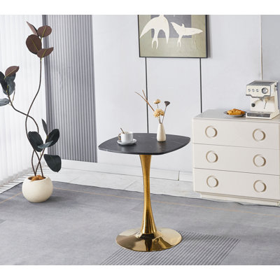 Table de salle à manger carrée Tulip pour 2 à 4 personnes, petite table de cuisine de 24 pouces avec piédestal robuste en métal doré, table bistro moderne pour petit espace, appartement, café, bureau, salon (blanc et or)