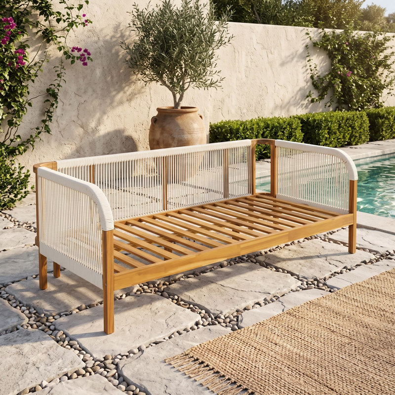 Canapé d'extérieur en bois avec coussin et 2 coussins, Beige