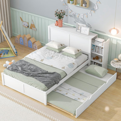 Full Size Storage Platform Bed with Pull Out Shelves and Twin Size Trundle
