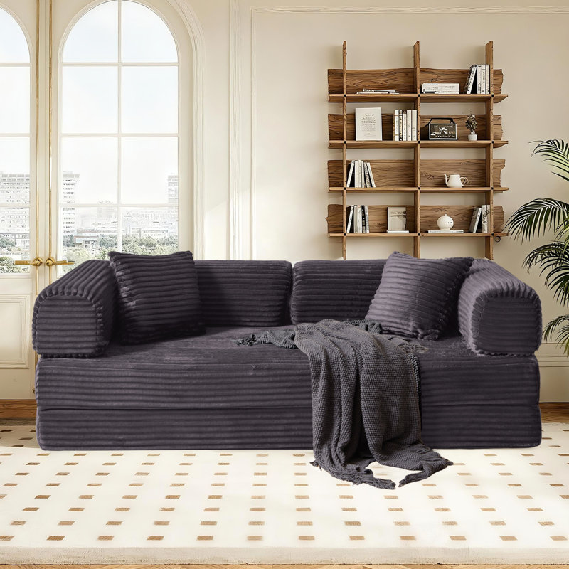 78" King Size Convertible Sleeper Sofa Bed With 2 Pillows, Corduroy Folding Mattress Couch, No Assembly Required , Floor Sofa Lounge Couch For Living Room Small Spaces