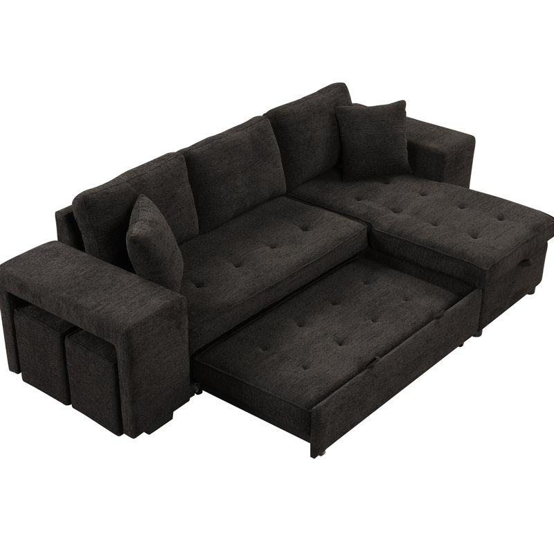 104.5" Sectional With Storage Chaise, Sleeper, 2 Stools, Charcoal Grey Comfort L-Shape Sleeper Function And Storage, Stools