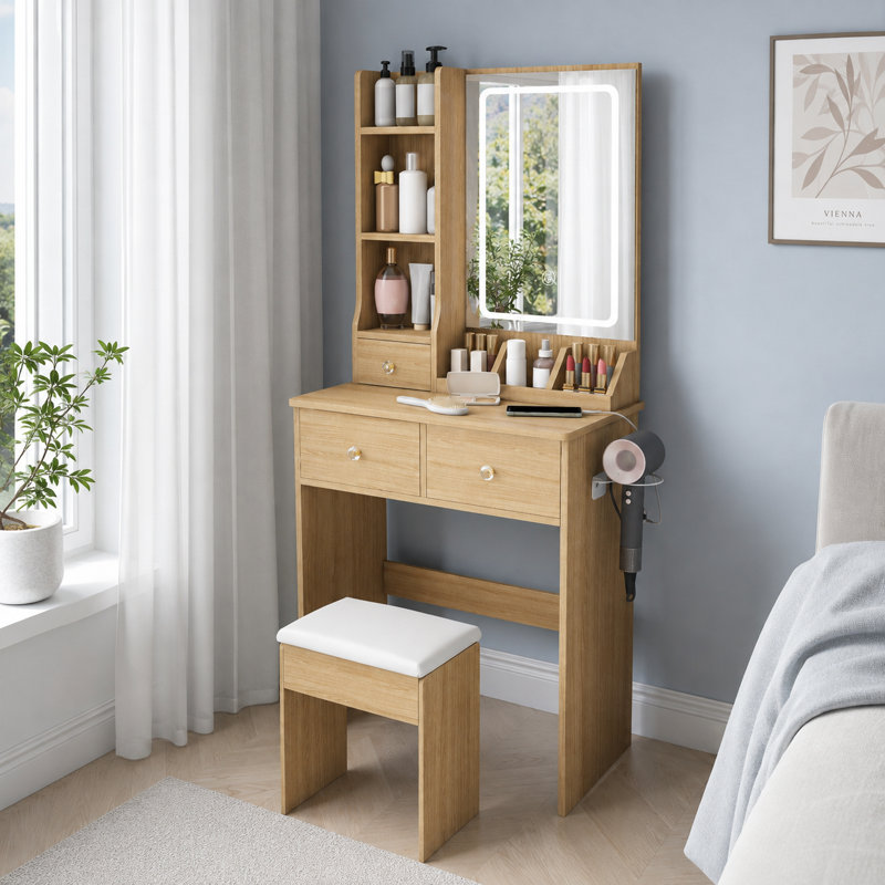 Ensemble de coiffeuse avec miroir à DEL, 3 tiroirs, station de charge, support pour sèche-cheveux et tabouret, noyer naturel