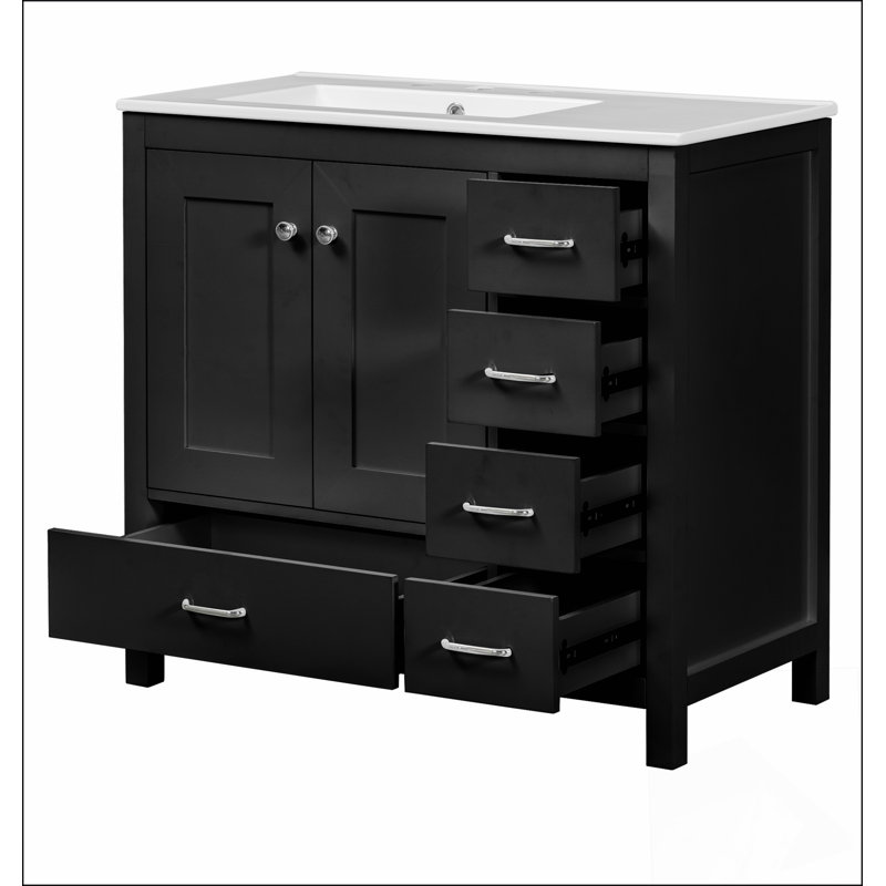Ensemble de meuble-lavabo noir 36 po avec lavabo en céramique 36 po - 2 portes à fermeture douce et 5 tiroirs