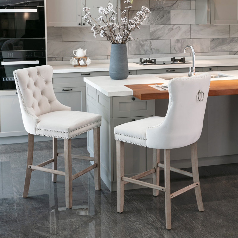 Contemporary Velvet Upholstered Barstools With Button Tufted Decoration And Wooden Legs, And Chrome Nailhead Trim, Leisure Style Bar Chairs,Bar Stools, Set Of 2 (Beige),SW2002BG(Dining Set)