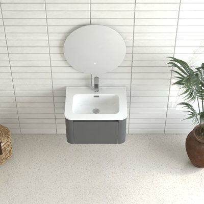 Armoire de salle de bain murale 24 po avec lavabo flottant mural et tiroir en céramique blanche