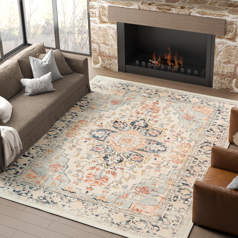 Area Rug 5X7 Tribal Living Room Rug Non-Slip Washable Rug Low-Pile Floor Soft Carpet For Indoor Front Bedroom Kitchen Farmhouse Orange