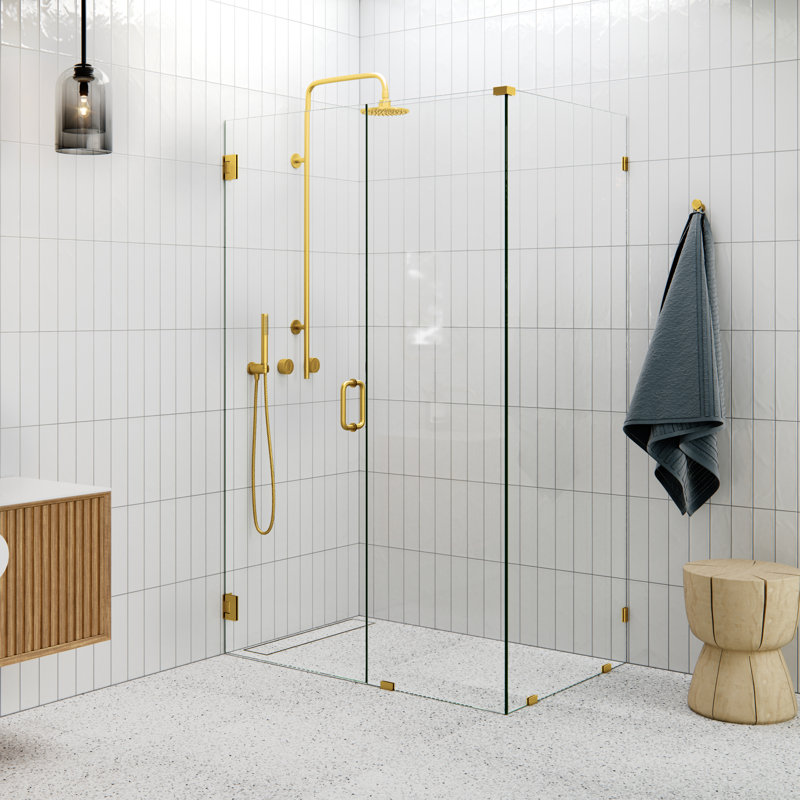 Illume 49 in. x 34 in. x 78 in. 90-degree Fully Frameless Wall Hinged Glass Shower Enclosure, Satin Brass