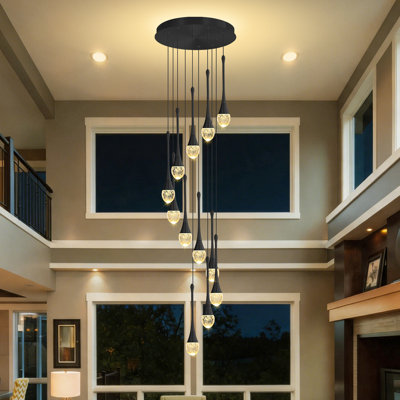 12-Light Black Crystal Raindrop Chandeliers 120" Long Pendant Light 3000-6000K Dimmable Lighting