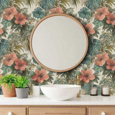 Peel and Stick Wallpaper Contact Paper Tropical Botanical Watercolor Hibiscus Monstera Leaves Self Adhesive and Removable 24in x 118in(60x300cm)