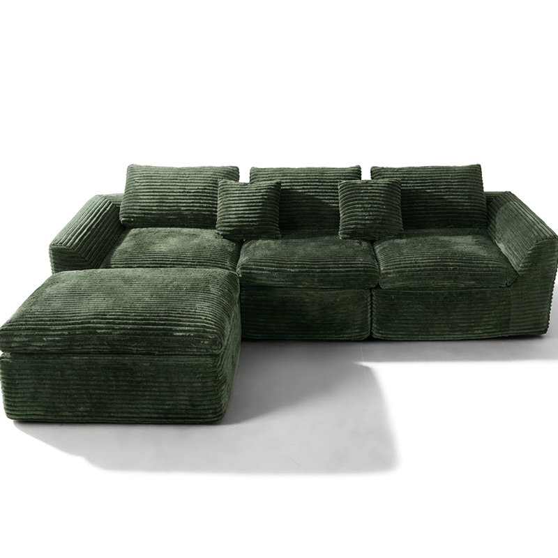 Canapé d'angle de 274 cm de haut, garnissage en mousse sans ossature (densité 30), coussins double couche moelleux, 4 places, forme en L, accoudoirs arrondis, dossier capitonné, assise confortable, style américain traditionnel, velours côtelé, design esthétique Quick Shape