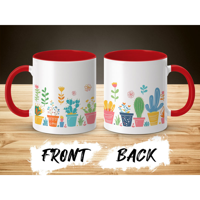 Kids Drawing Style 11oz Accent Mugs – Ceramic Coffee Cup with a Red Handle and Interior