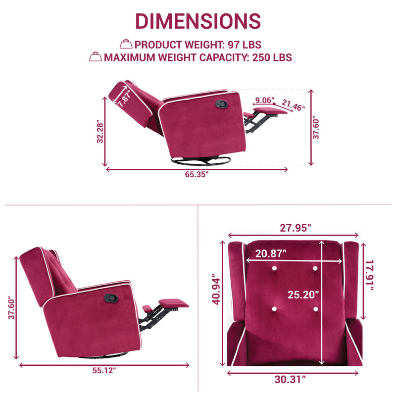 Khyara 30" Wide Contemporary Soft Touch Swivel Rocker Recliner, Manual Recliner Chair, Deep Fuscia Purple Microfiber