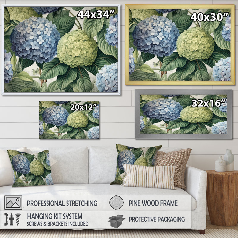 Impression sur toile rose, rose, vert et hortensia, Cadre flottant doré, H 34 po x l 44 po x P 1,5 po