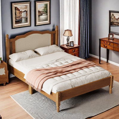Bohemian Wooden Platform Bed With Natural Rattan Headboard And Arc Design