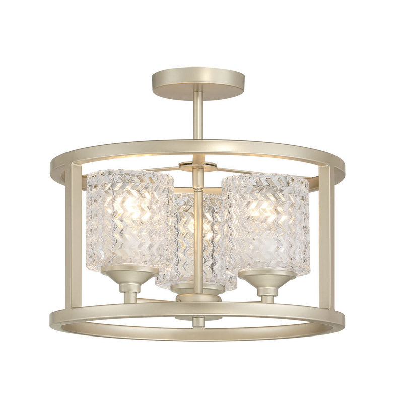 Vlissingen 3 - Light Semi Flush Ceiling Light, Brushed Gold Drum Ceiling Lamp with Textured Glass Shades