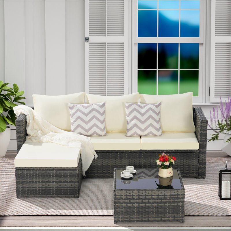 2 Pieces Patio Furniture Set,Outdoor Woven Sectional L- Shaped Patio Furniture ,Wicker Conversation Set with Ottoman, Detachable Lounger Table for Backyard Poolside,Beige