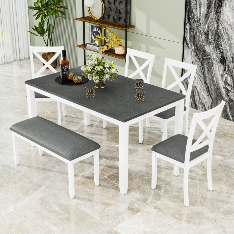 Ensemble de table de salle à manger en bois avec banc, Gris / Blanc