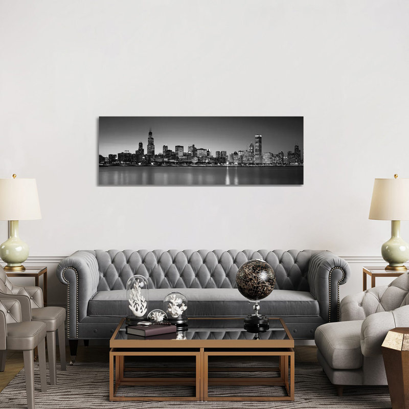 Dusk, Skyline, Chicago, Illinois, USA BW Black And White by Panoramic Images - Wrapped Canvas Print