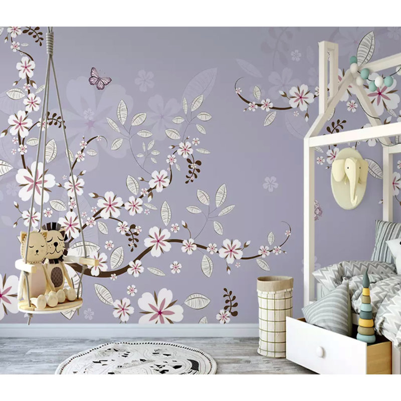 Papier peint amovible rétro avec fleurs de cerisier rétro, L 114 po x l 204 po