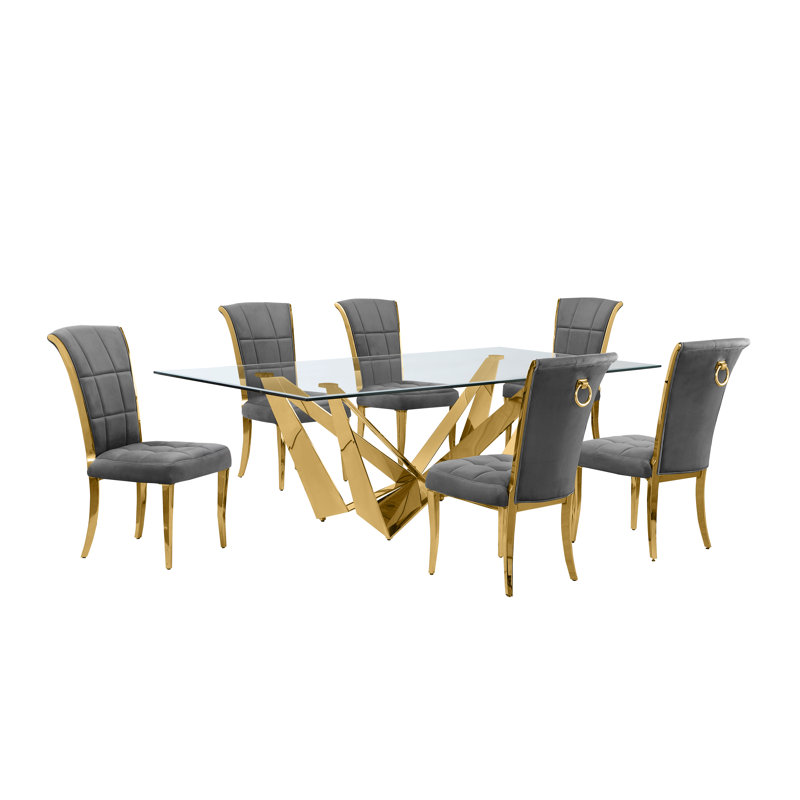 Kervins Double Pedestal Dining Set, Dark Gray/Silver, 7