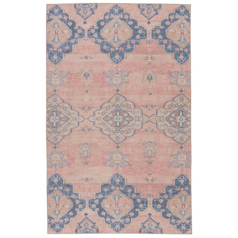 Tapis oriental rose / bleu Asoncin (5 pi x 7 pi 6 po), Rectangle de 5 pi x 7 pi 6 po